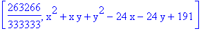 [263266/333333, x^2+x*y+y^2-24*x-24*y+191]